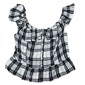 American Eagle Plaid Ruffle Button Up Crop Top | Women's L